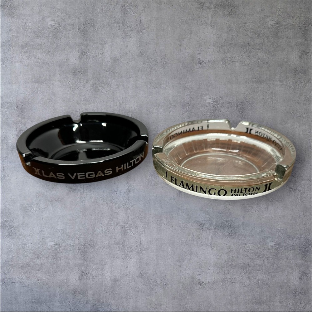 Hilton Las Vegas Flamingo Hotel Ashtray Set Black Clear Glass Vintage Good 4.5in